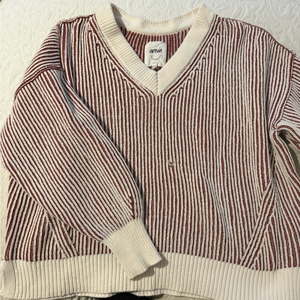 aerie Red and White Striped Ribbed V-Neck Sweater